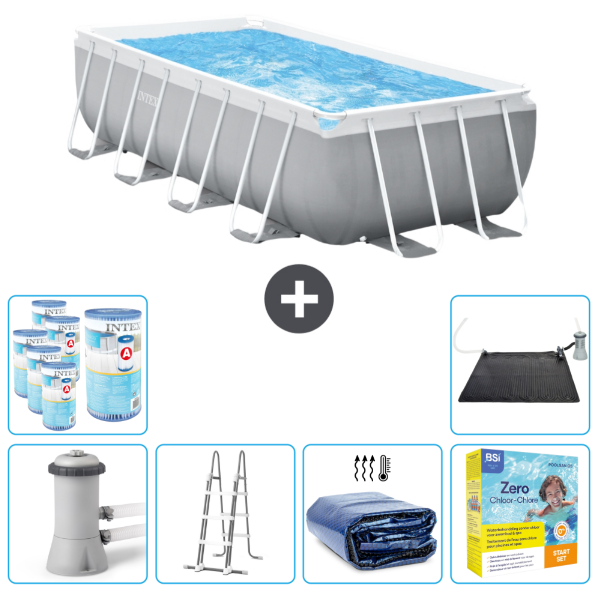 A rectangular Intex pool with people and accessories like a filter, ladder, and chemicals.