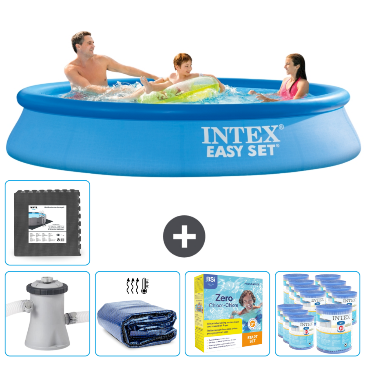 Personnes dans une piscine ronde bleue avec accessoires. Inclut un tapis, un filtre et des produits chimiques.