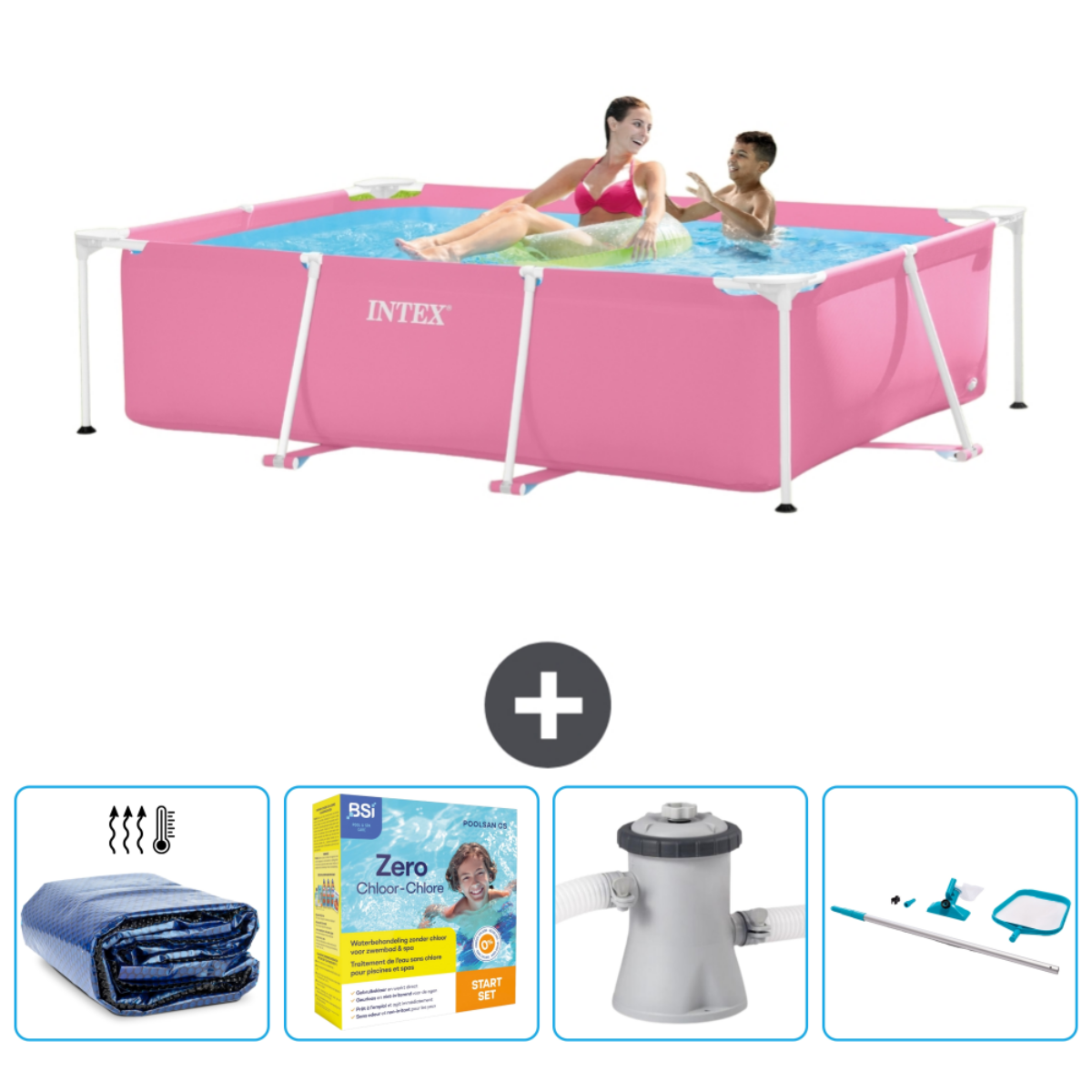 A pink rectangular pool with people, plus sign, and pool accessories.