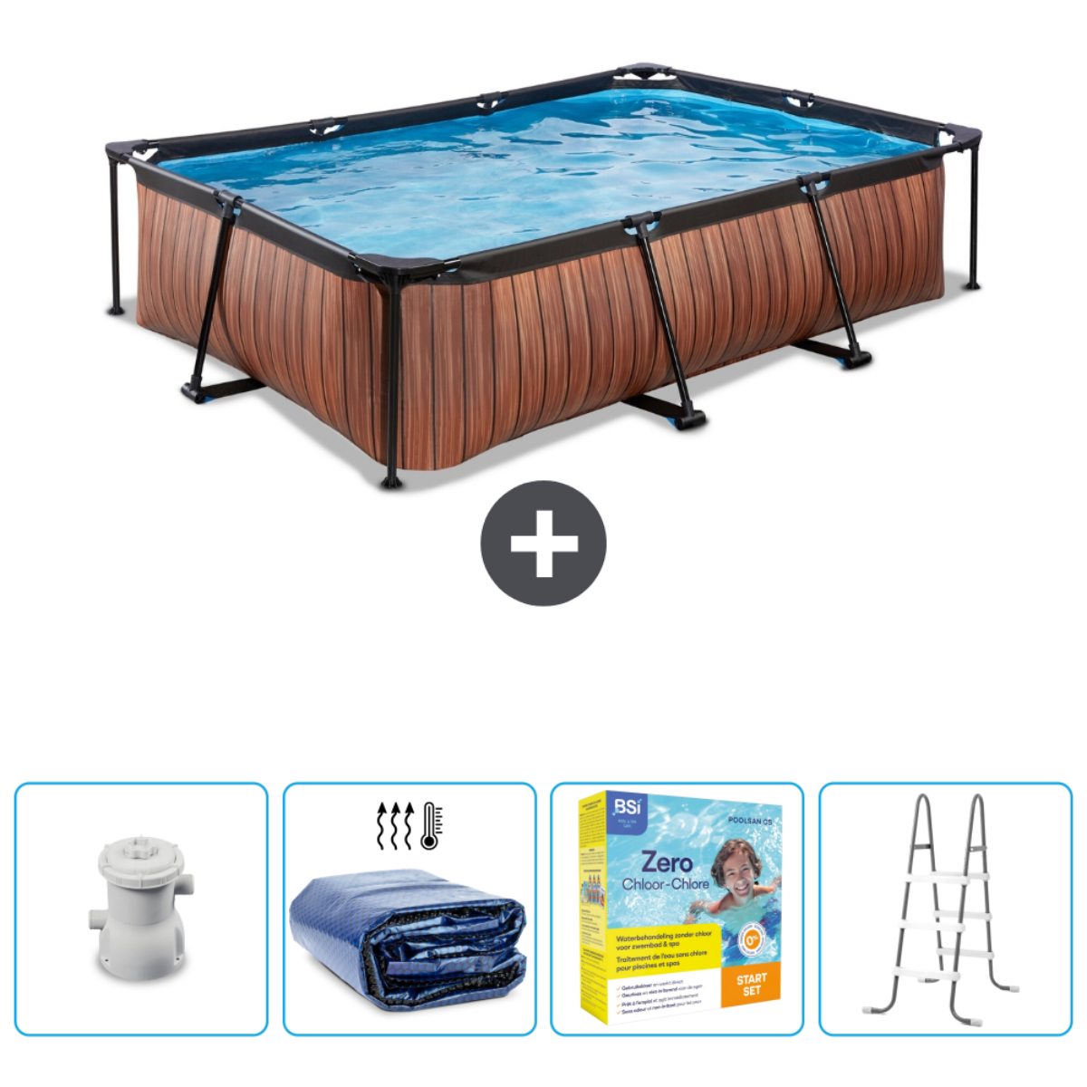 Ein rechteckiger Pool mit Personen und Zubehör. Der Pool hat eine Holzmaserungsoptik. Drei Zubehörteile werden gezeigt.