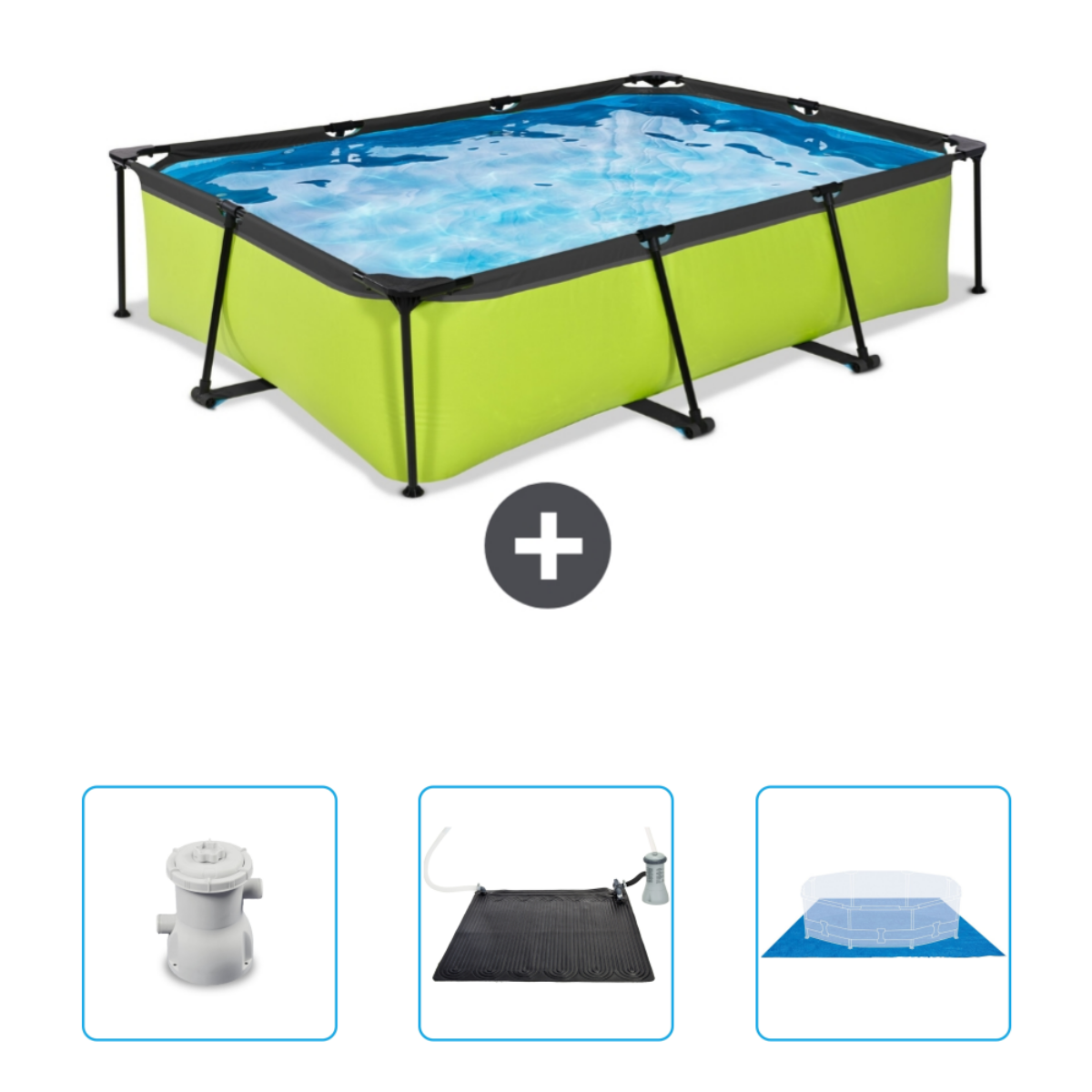 Groen rechthoekig zwembad met accessoires.