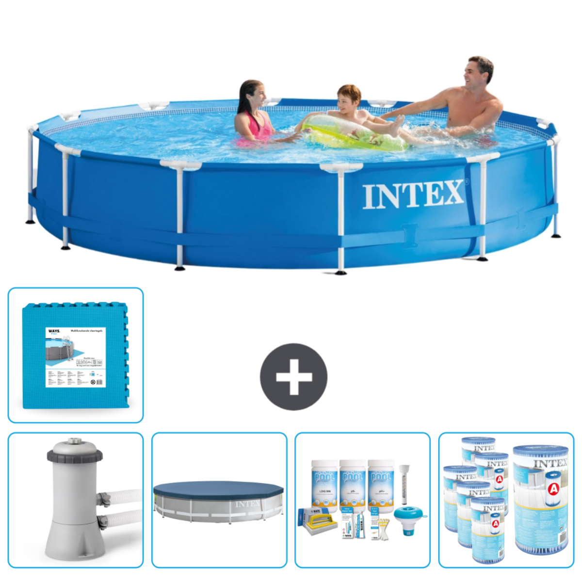 People in blue pool. Three people in a blue and white pool with extra items.