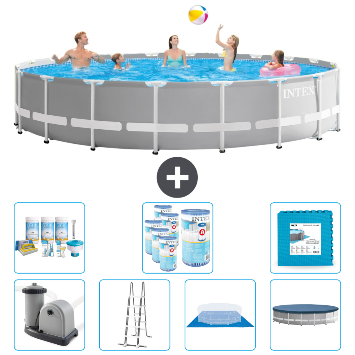 Familie in grijs Intex zwembad met accessoires. Inclusief ladder, filter en afdekzeil.