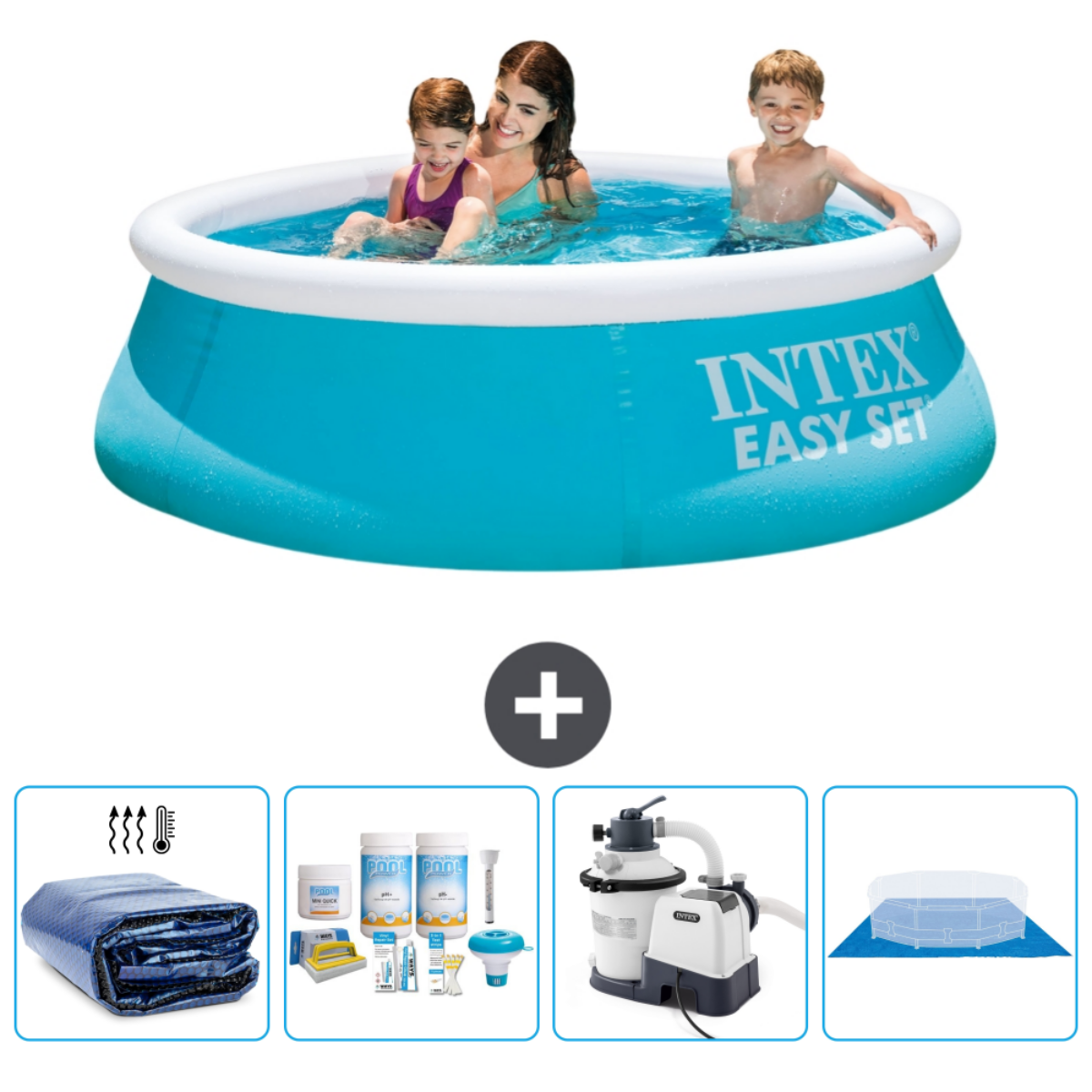 Piscine Intex Easy Set bleue avec personnes. Comprend couverture, filtre, produits chimiques et accessoires.