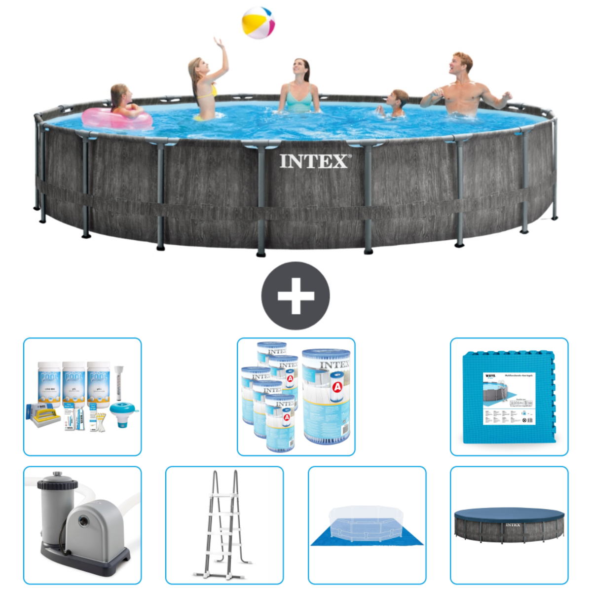 Personnes dans piscine. Accessoires : produits, filtre, échelle, bâche et tapis.