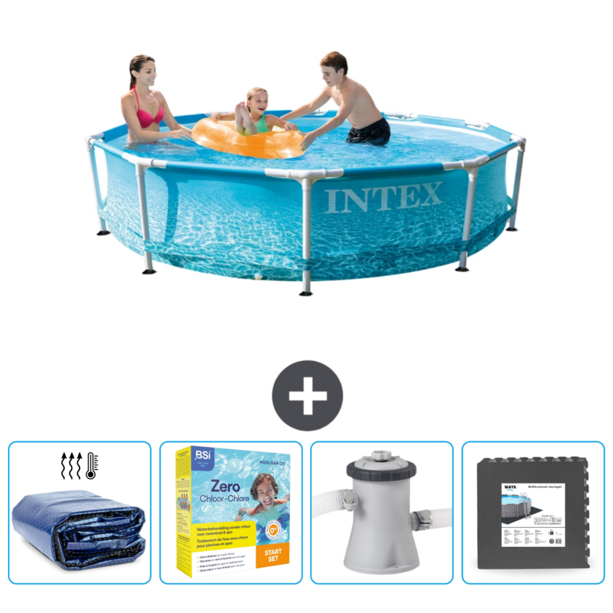 People in an Intex pool, with accessories below. The pool is filled with water and people are swimming.