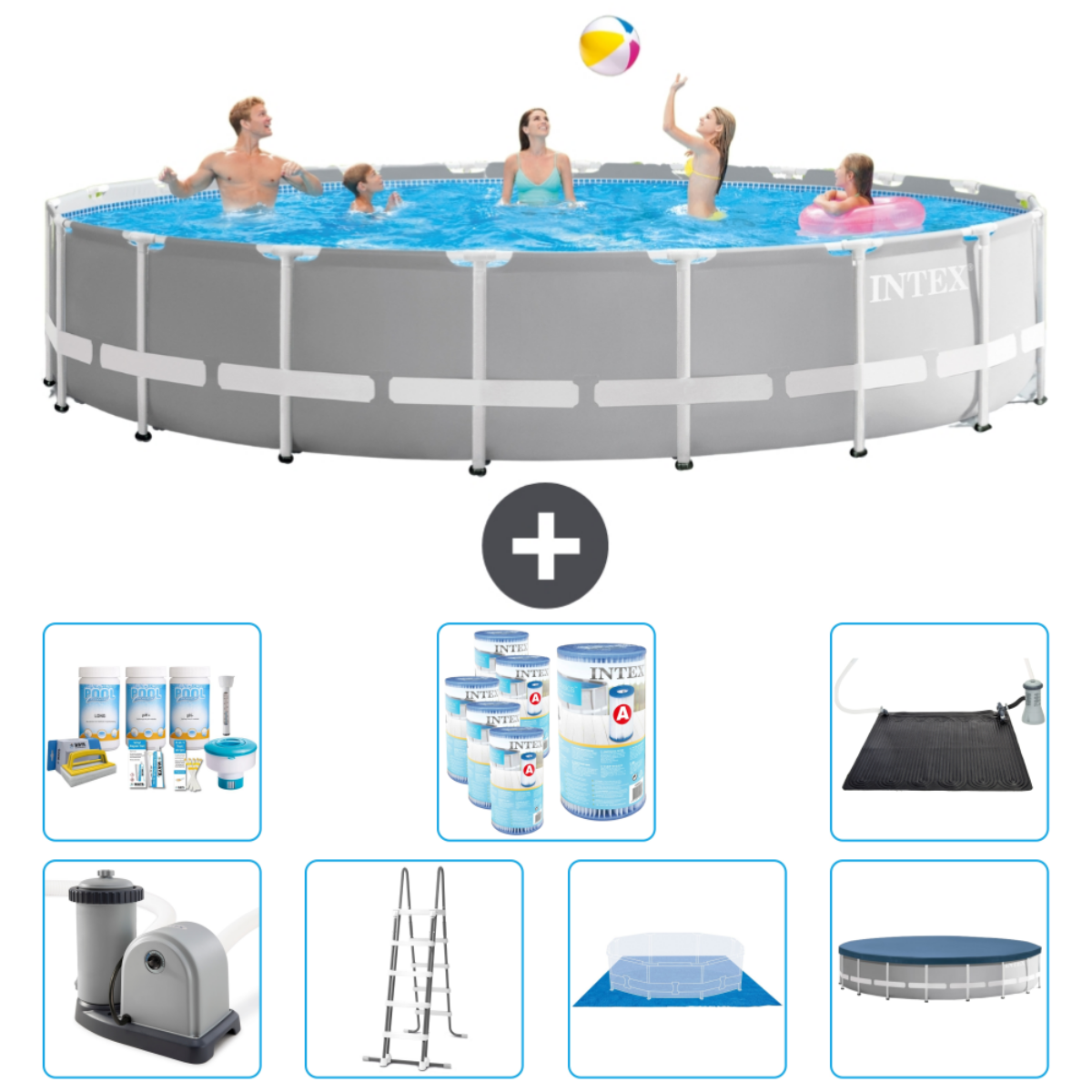 Piscine grise avec des gens qui nagent. Fournitures de piscine en dessous. Fond blanc.