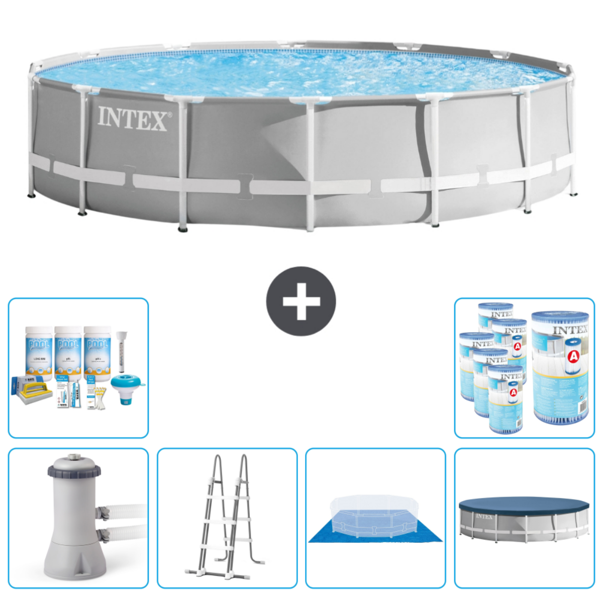 Rond Intex-zwembad met accessoires, waaronder chemicaliën, een filter, trappen en een hoes.