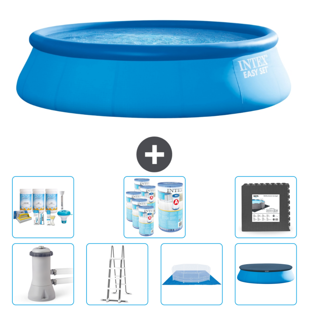 Piscine Intex bleue avec accessoires. Images supplémentaires montrent produits chimiques, tapis et une bâche.