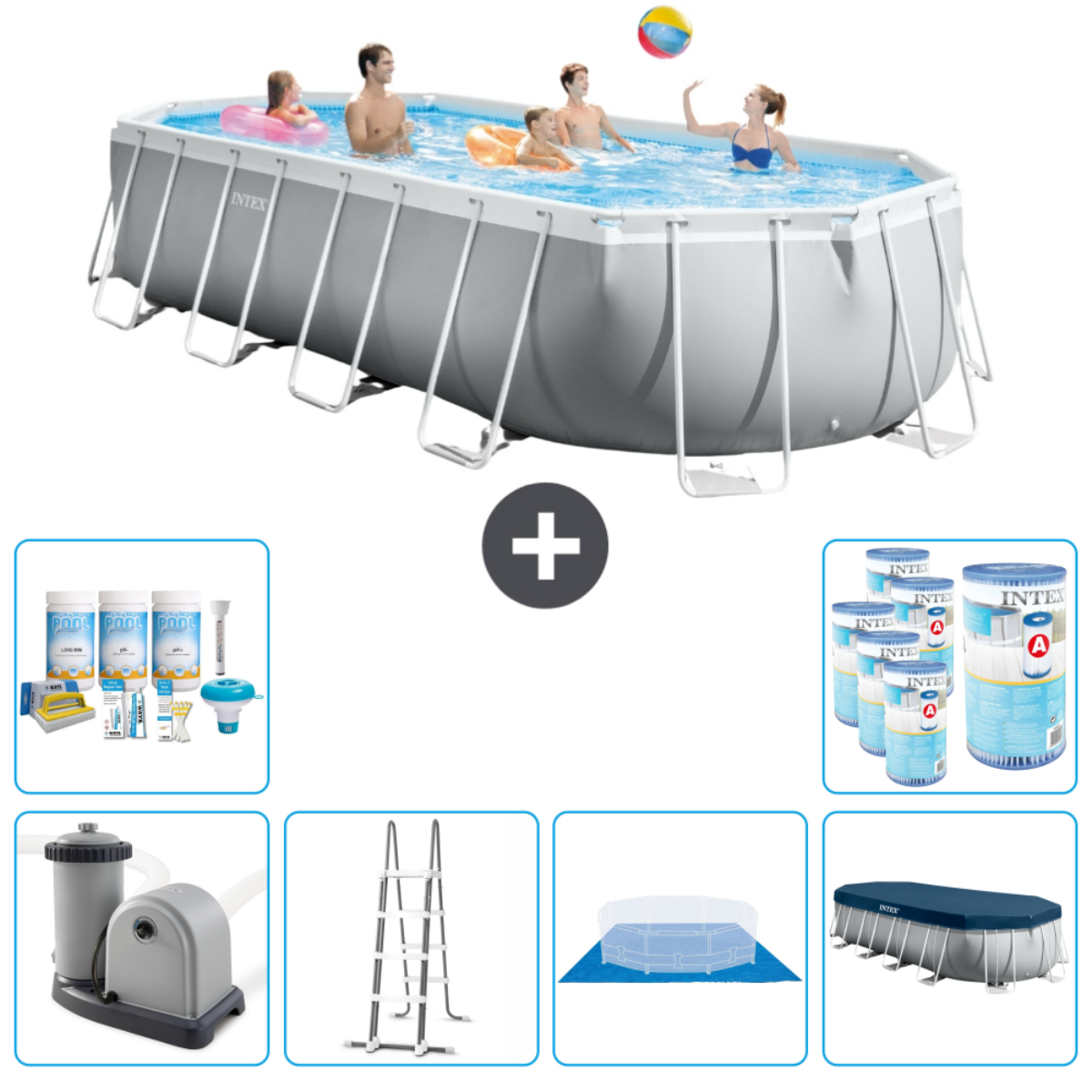 Rectangular Intex pool with people swimming. Includes accessories, chemicals and ladder.