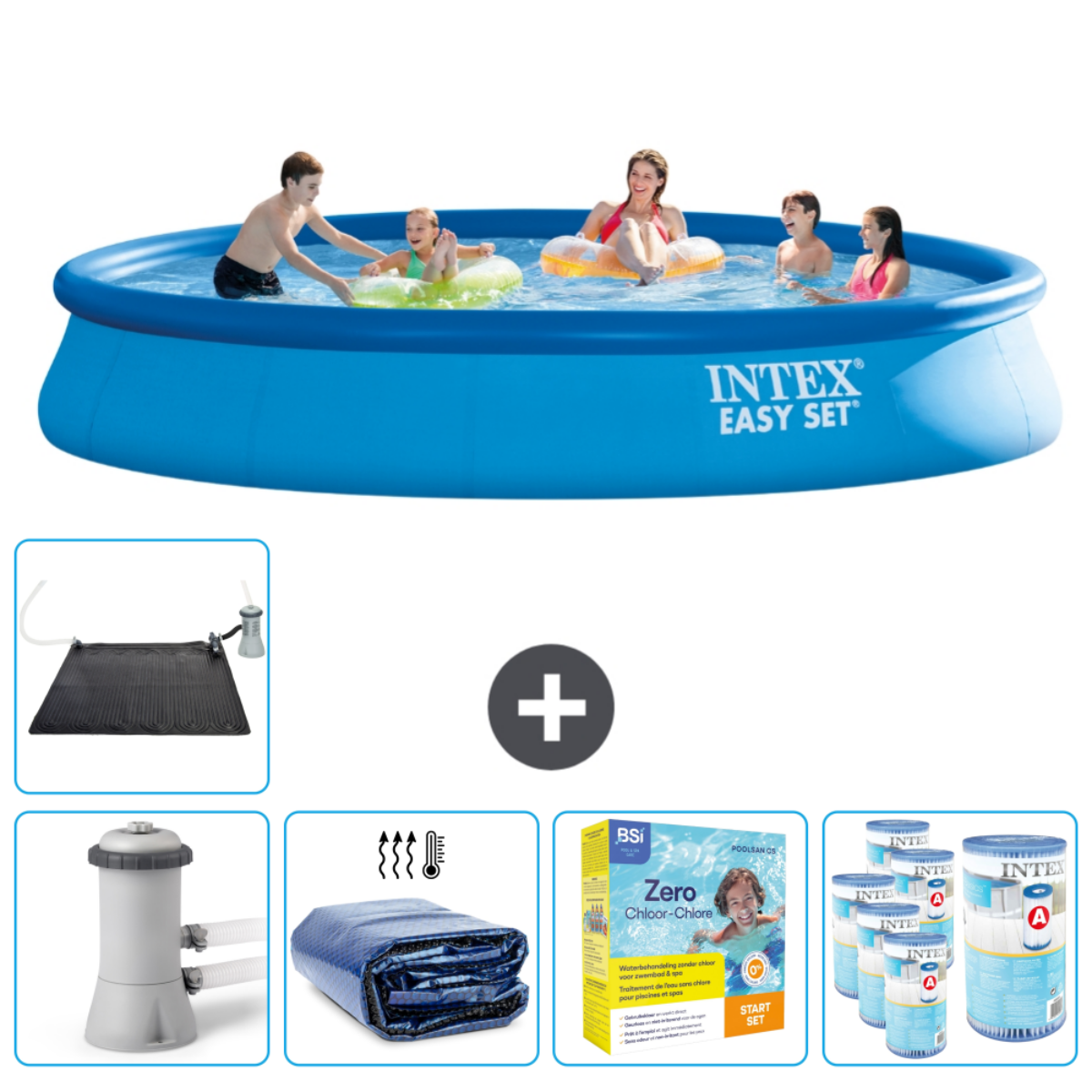 Une piscine Intex bleue avec des gens et des accessoires comme un filtre, une couverture et des produits chimiques.