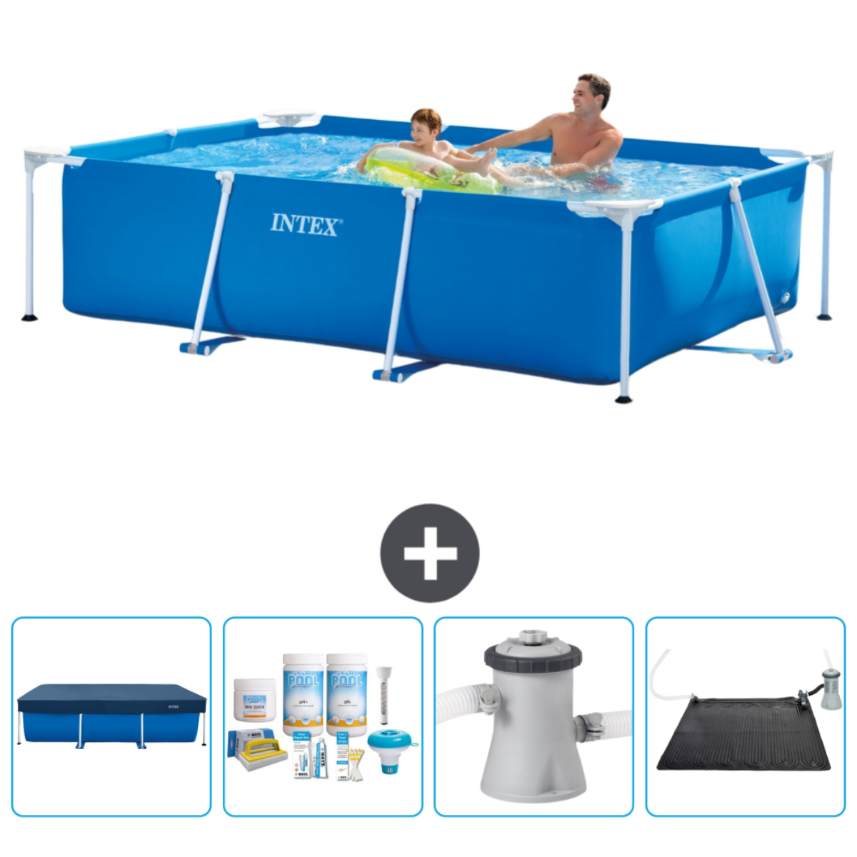 Mensen in een blauw Intex zwembad. Accessoires zijn onder meer een afdekzeil, pH-balancers, een pomp en een zonneboiler.