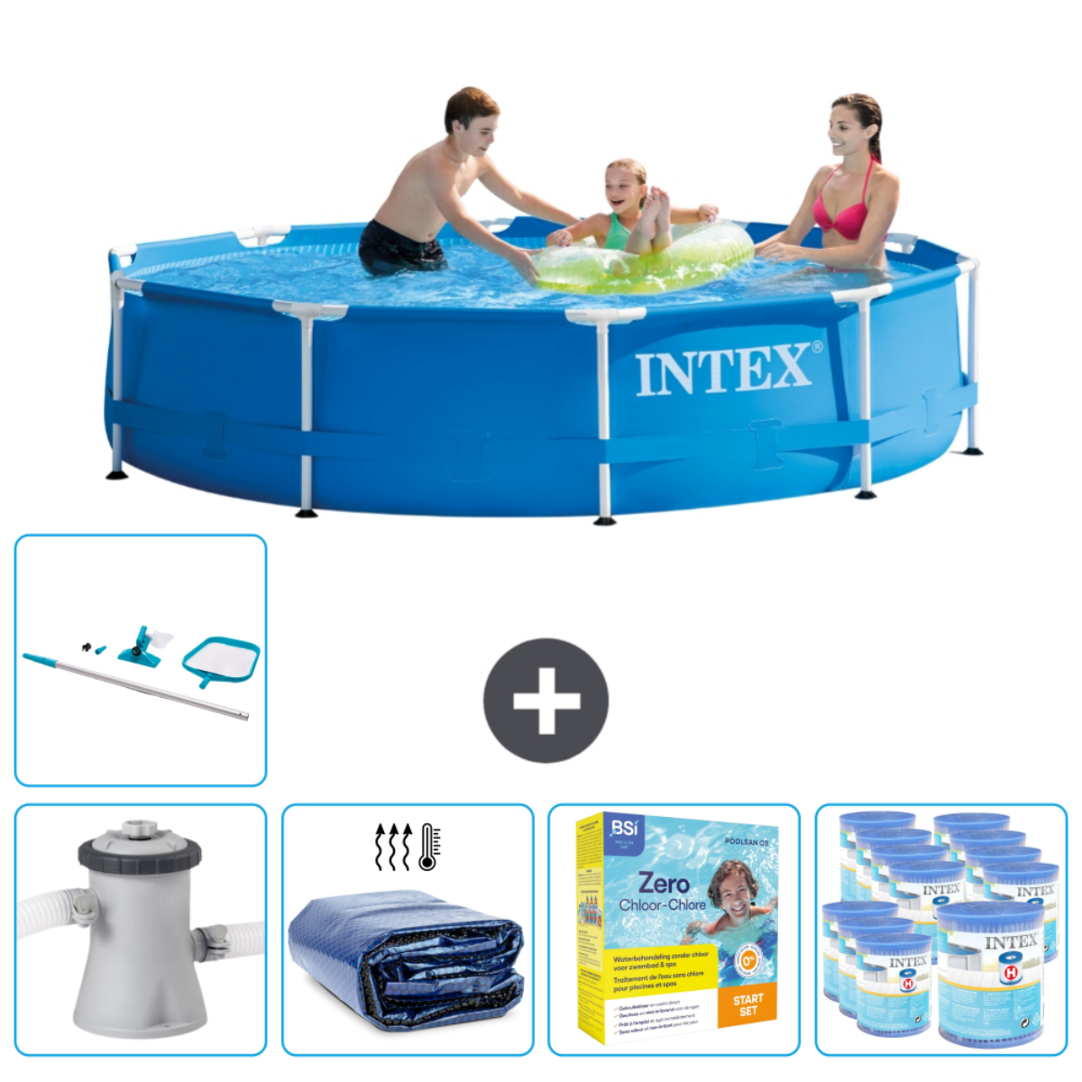People in a blue rectangular pool with accessories.