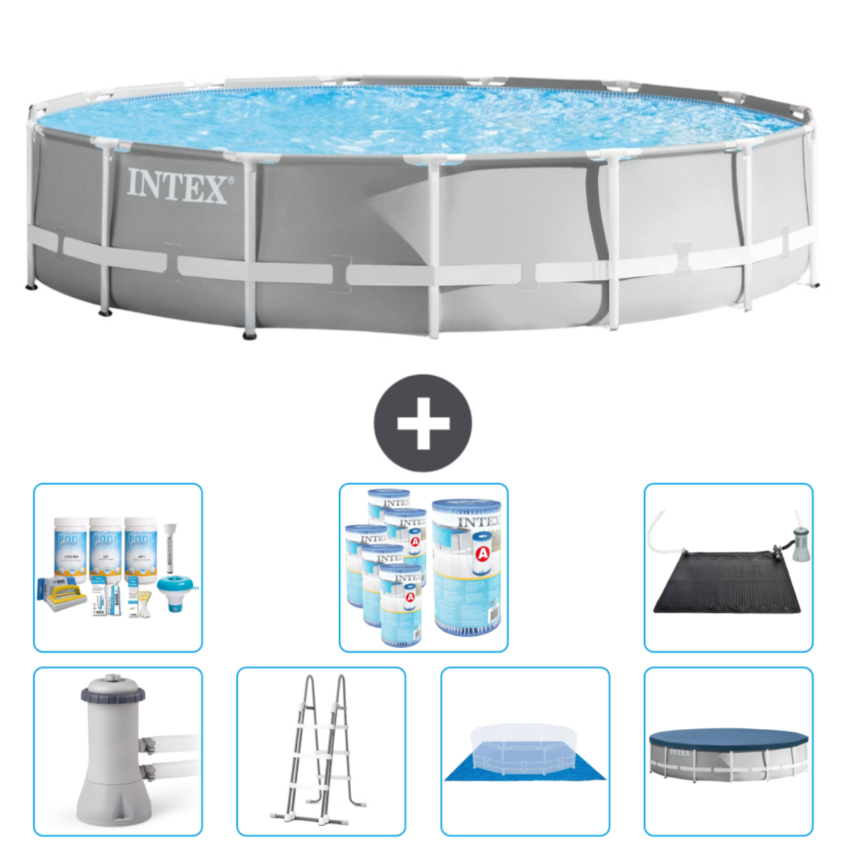 Piscine ronde Intex avec accessoires. Comprend filtre, produits chimiques, échelle et bâche.