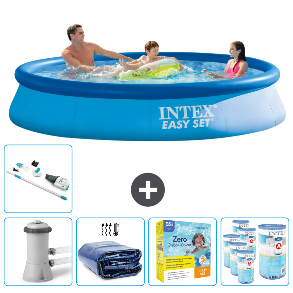 People in a blue round pool with accessories. Includes a filter, cover, and chemicals.