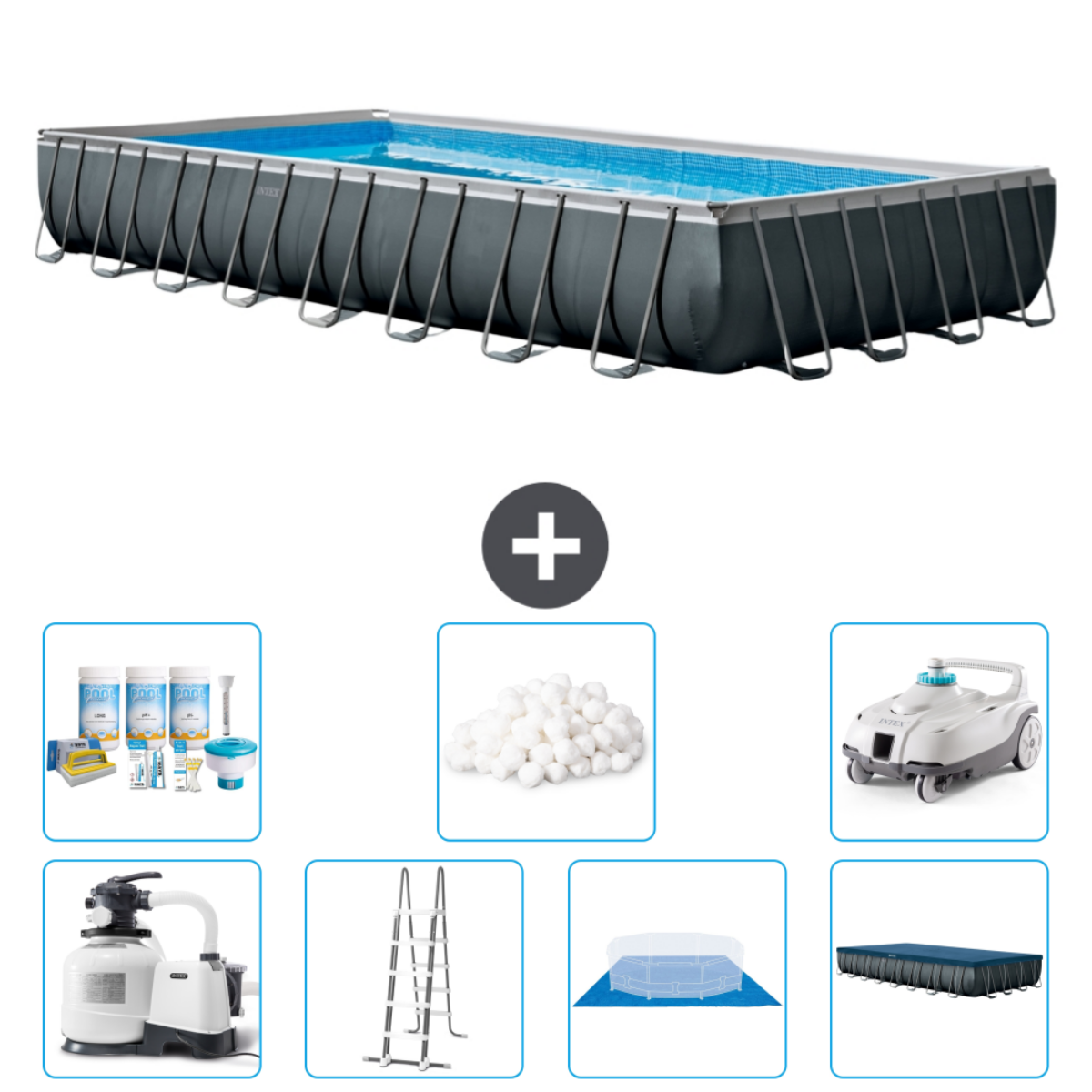 Rectangular pool with accessories: chemicals, ladder, pump, cover, cleaner.