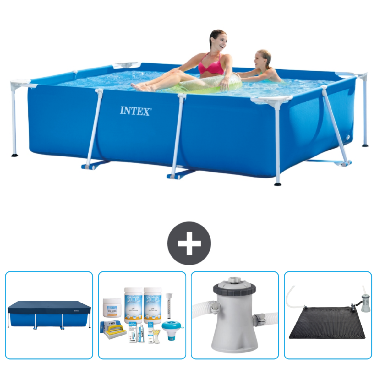 Blauw zwembad met mensen. Inclusief filter, chemicaliën, zonneverwarming en afdekzeil.