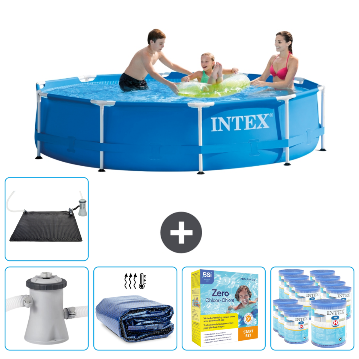 Personnes dans piscine Intex bleue. Accessoires incluent bâche solaire, pompe et produits chimiques.
