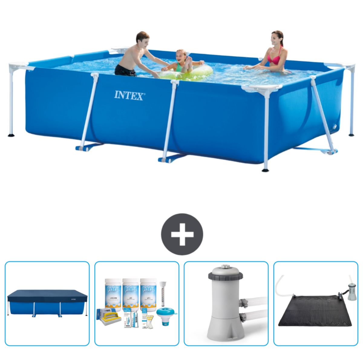 Een blauw rechthoekig Intex zwembad met mensen. Accessoires: afdekzeil, filter en chemicaliën.