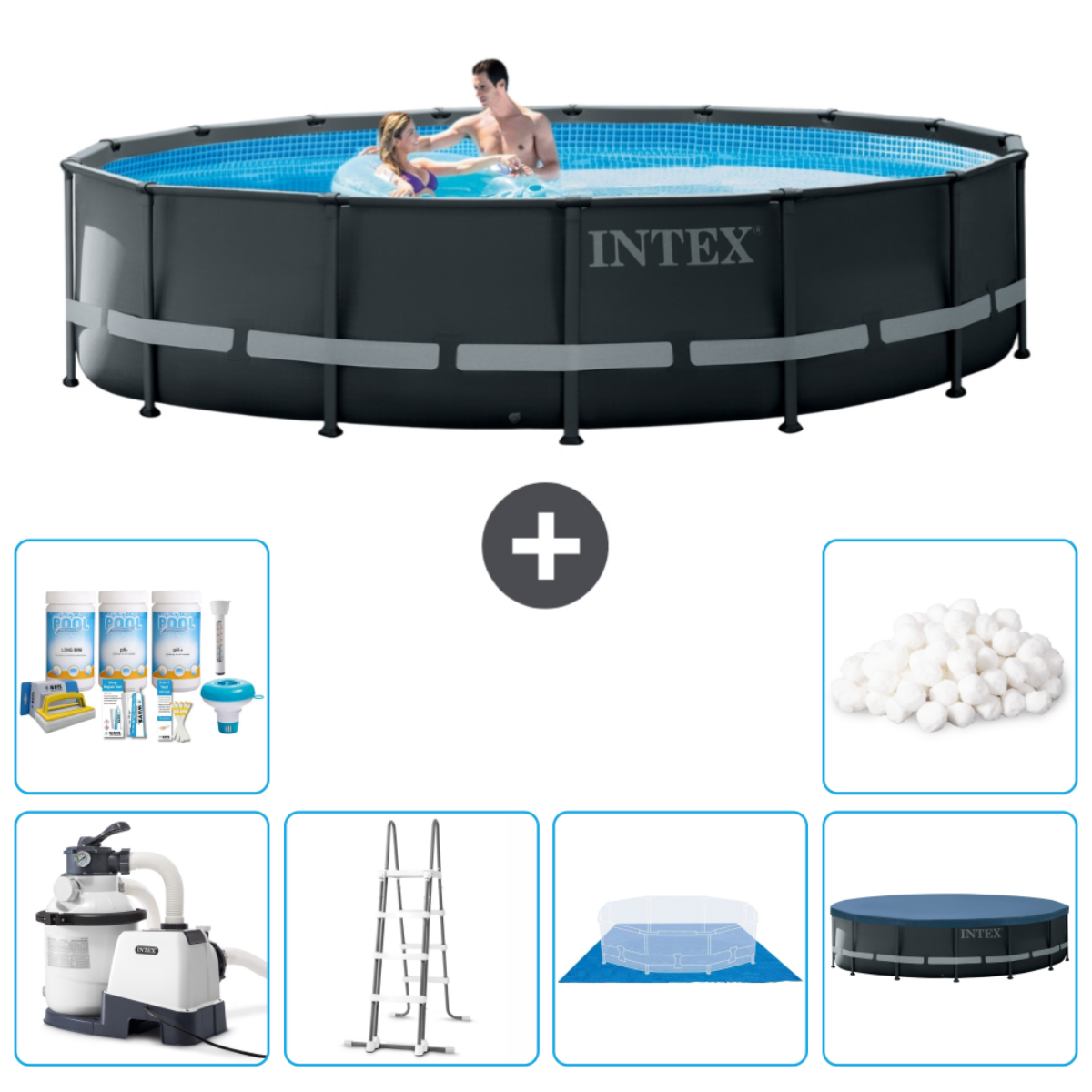 Piscine Intex avec deux personnes, plus articles d'entretien.