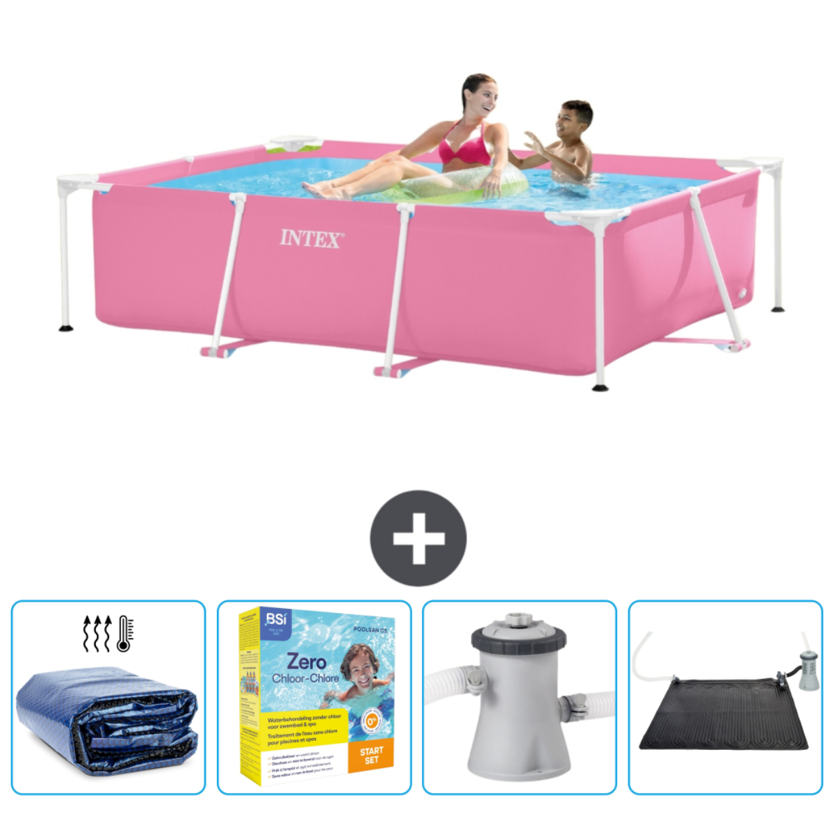 Personnes dans une piscine Intex rose. Les accessoires incluent une couverture, du chlore, une pompe et un chauffe-eau solaire.