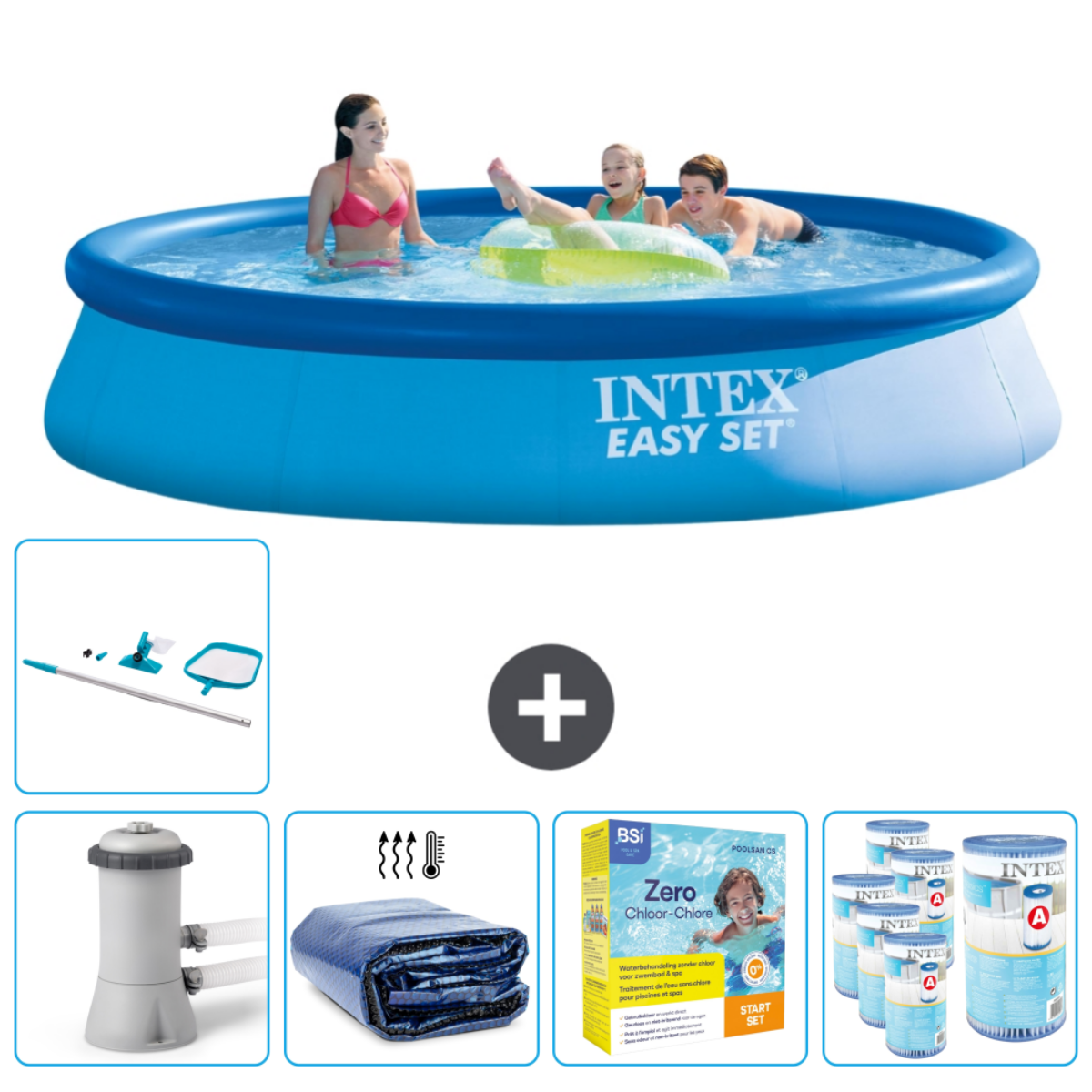 Famille dans piscine bleue. Accessoires : kit nettoyage, produits, bâche, filtre.
