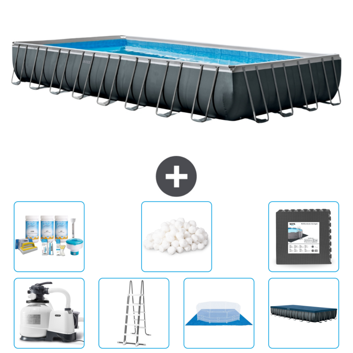 Piscine rectangulaire avec accessoires, y compris produits chimiques, échelle et filtre. La piscine est gris foncé.