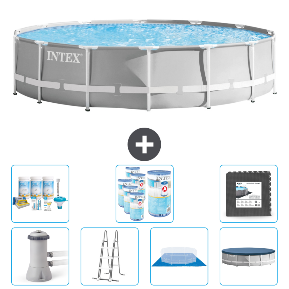 Piscine ronde grise avec des gens et des accessoires.