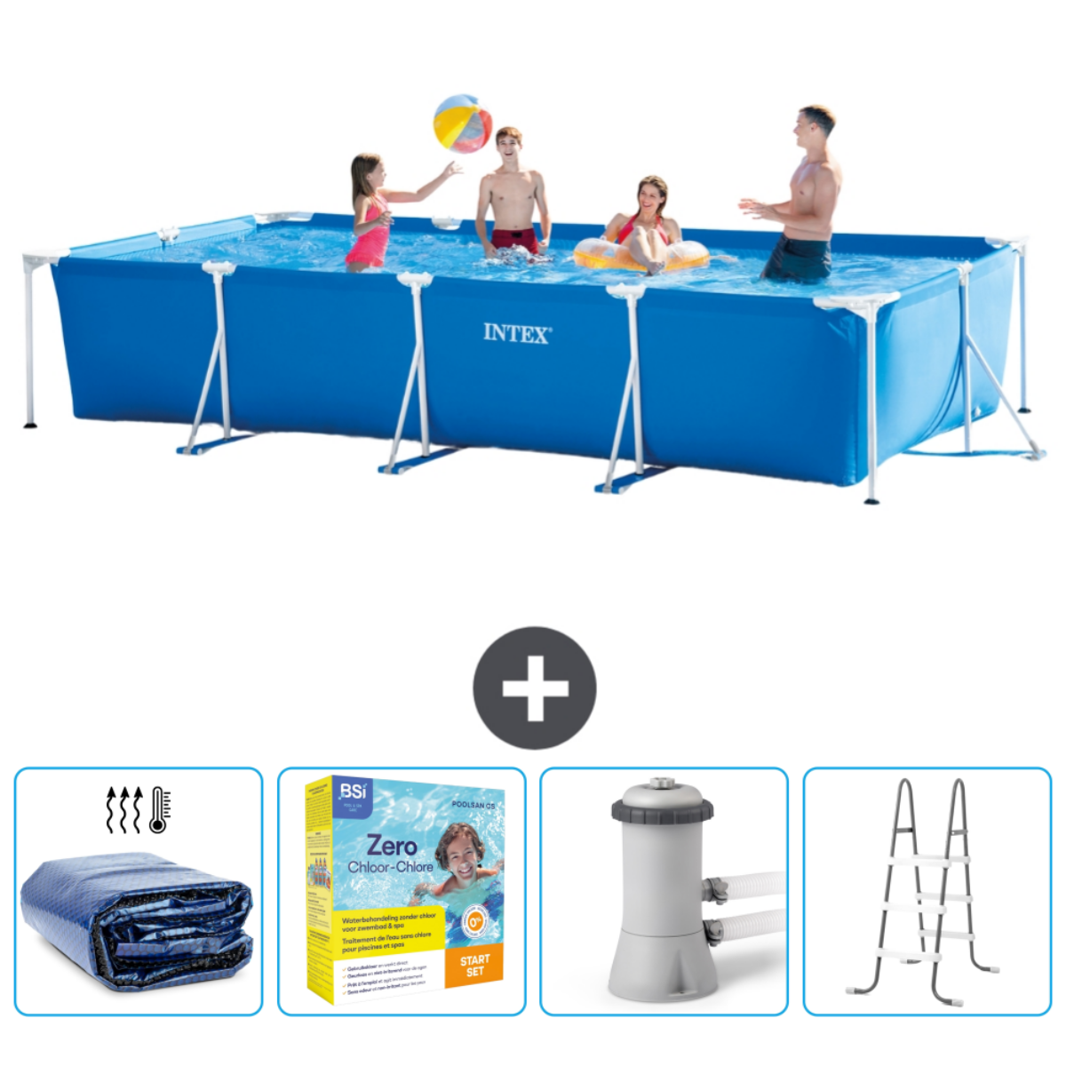 Mensen in een blauw zwembad met accessoires. Op het zwembad staat INTEX. Er worden vier accessoires getoond.