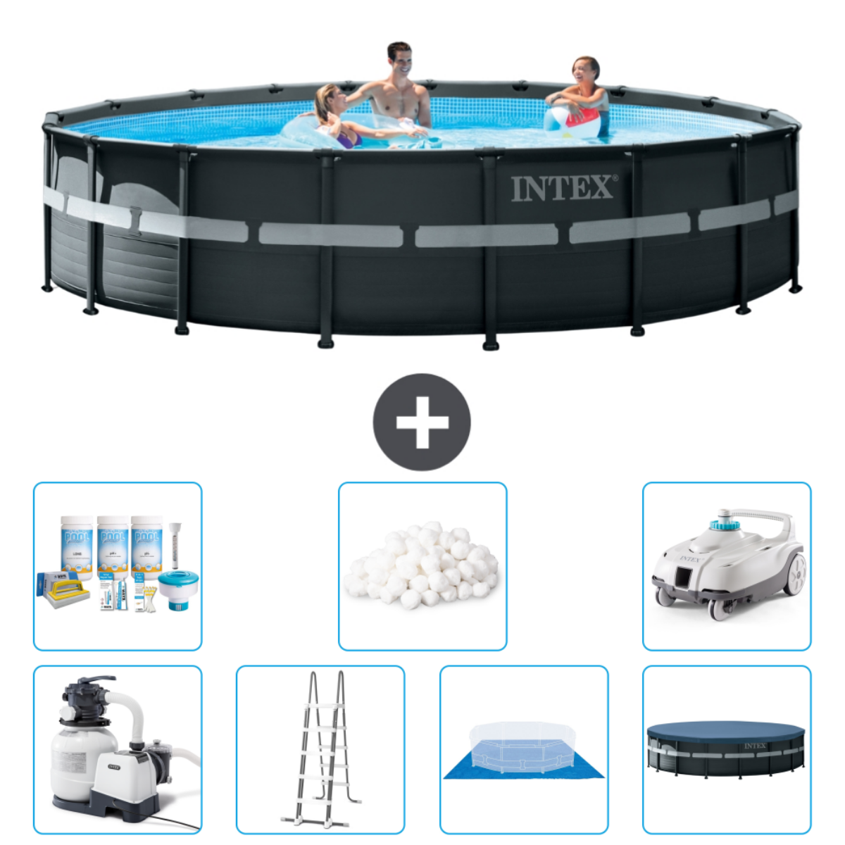 Une piscine sombre avec des personnes. Inclut filtre, produits chimiques, échelle, robot de nettoyage et bâche.