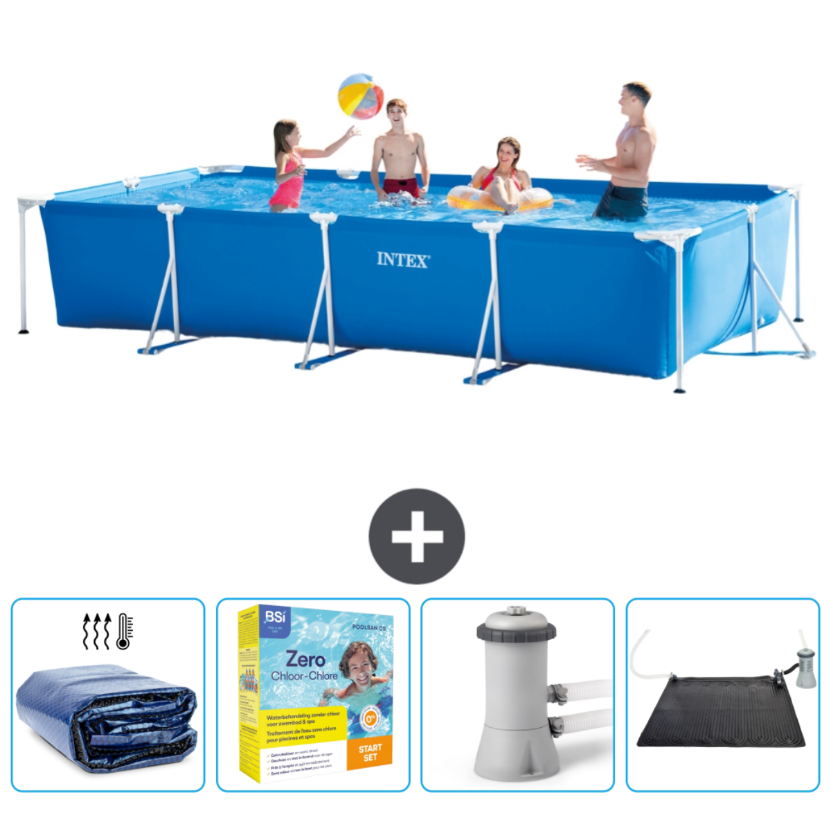 Une piscine rectangulaire bleue avec des personnes, un signe plus et des accessoires.