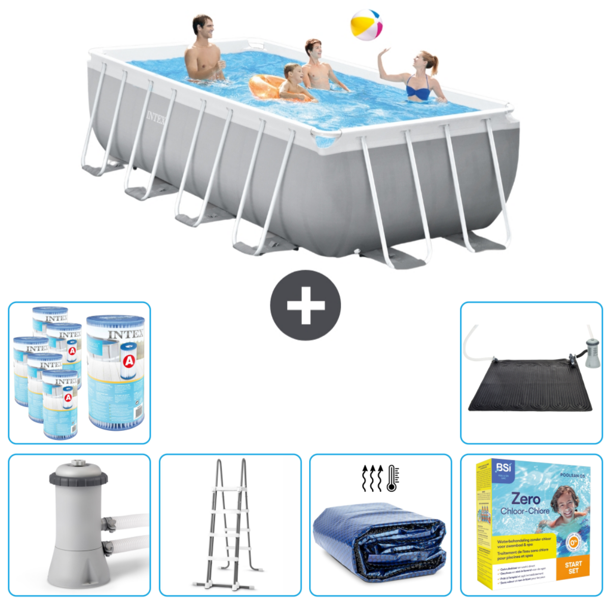 People in a pool with accessories. The pool says INTEX. Seven accessories are shown.