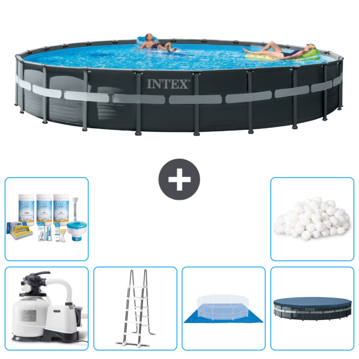 Piscine Intex gris foncé avec personnes nageant. Comprend filtre, produits chimiques, échelle et couverture.