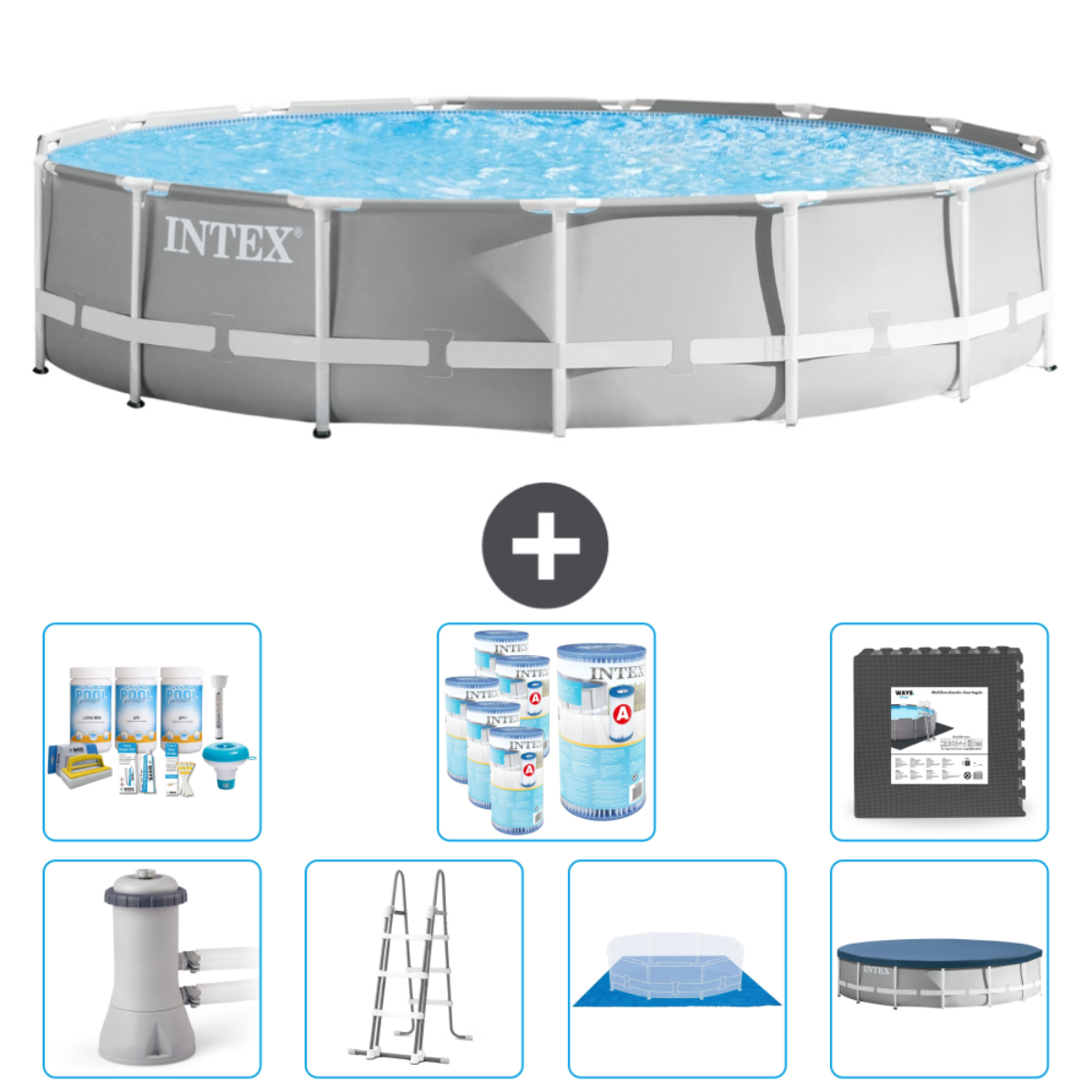 Piscine Intex grise avec accessoires. Images supplémentaires montrent produits chimiques, tapis et échelle.