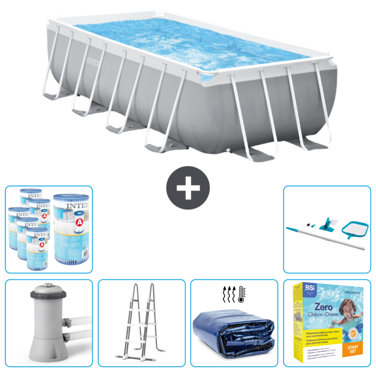 Piscine Intex rectangulaire avec accessoires. Comprend piscine, produits chimiques, filtre, échelle et bâche.