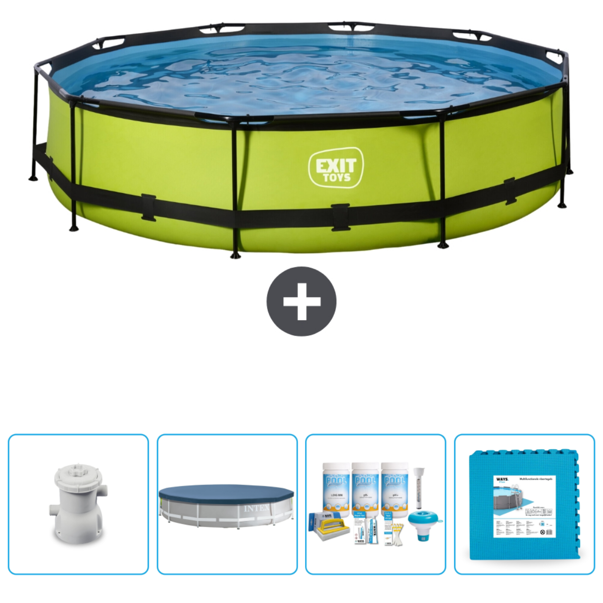 Une piscine Exit Toys verte. Accessoires : filtre, couverture, tapis et produits chimiques.