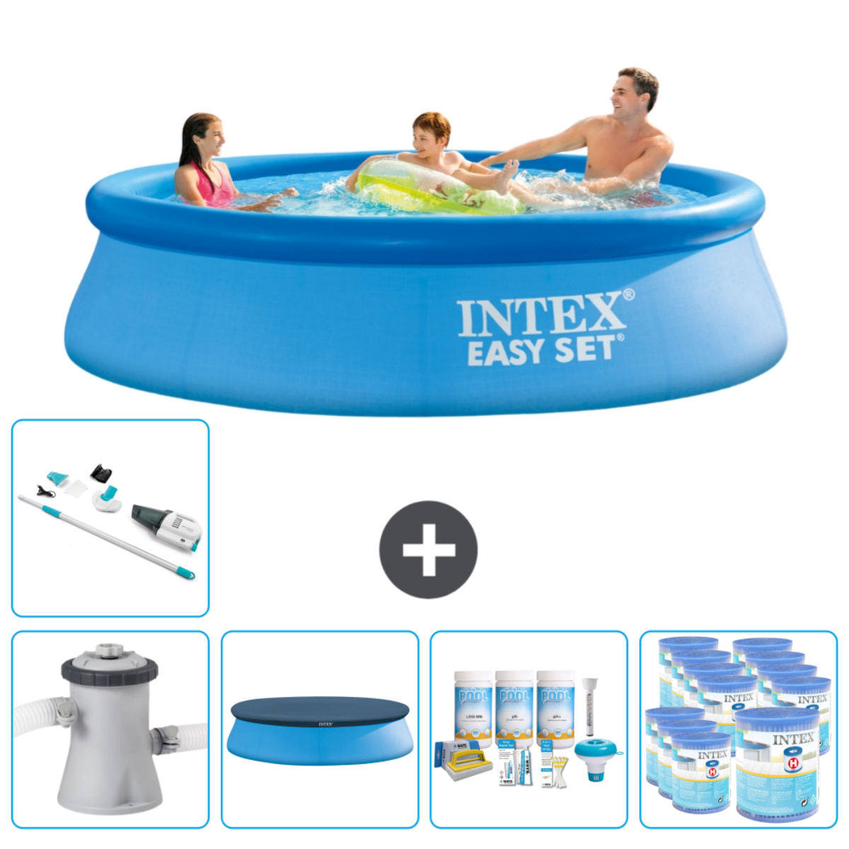 Piscine gonflable bleue avec famille. Comprend accessoires comme filtre et produits chimiques.
