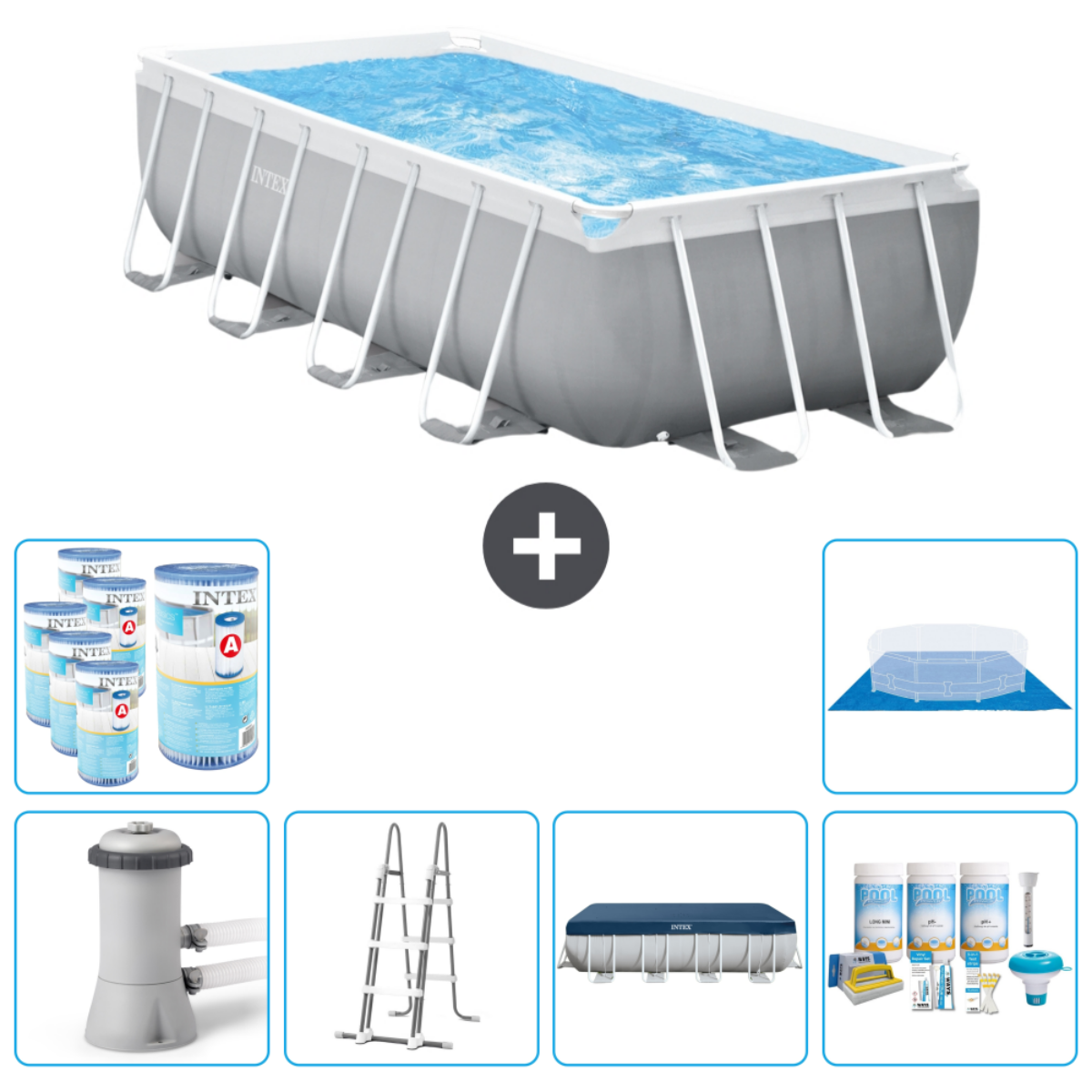 Rectangular Intex pool with accessories, including chemicals, ladder, and filter. The pool is grey.