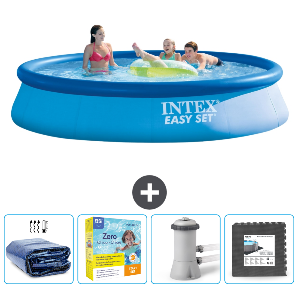 Personnes dans une piscine Intex bleue. Les accessoires incluent une couverture, du chlore, une pompe et un tapis de piscine.