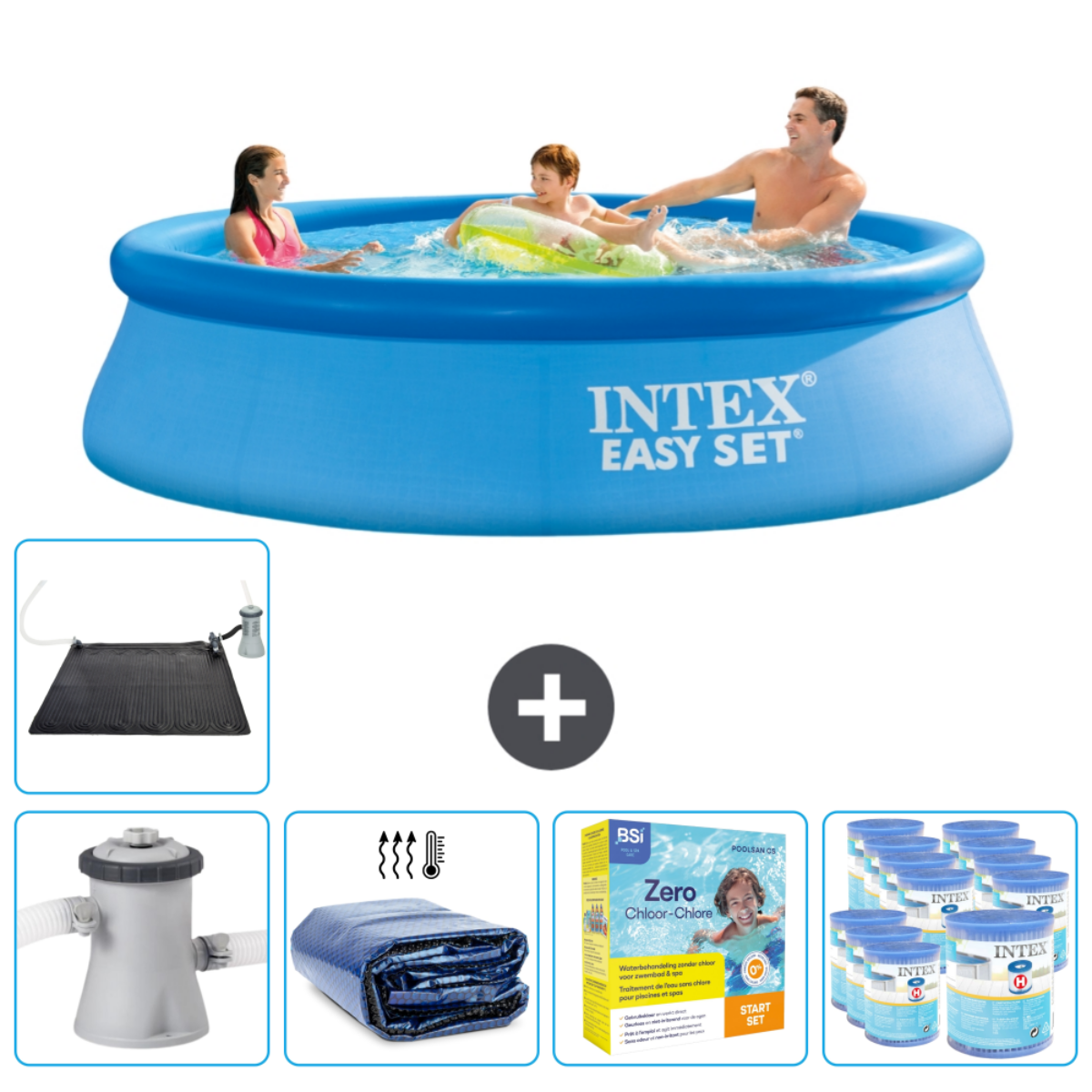 Des personnes dans une piscine Intex bleue, avec des accessoires en dessous. La piscine est remplie d'eau.