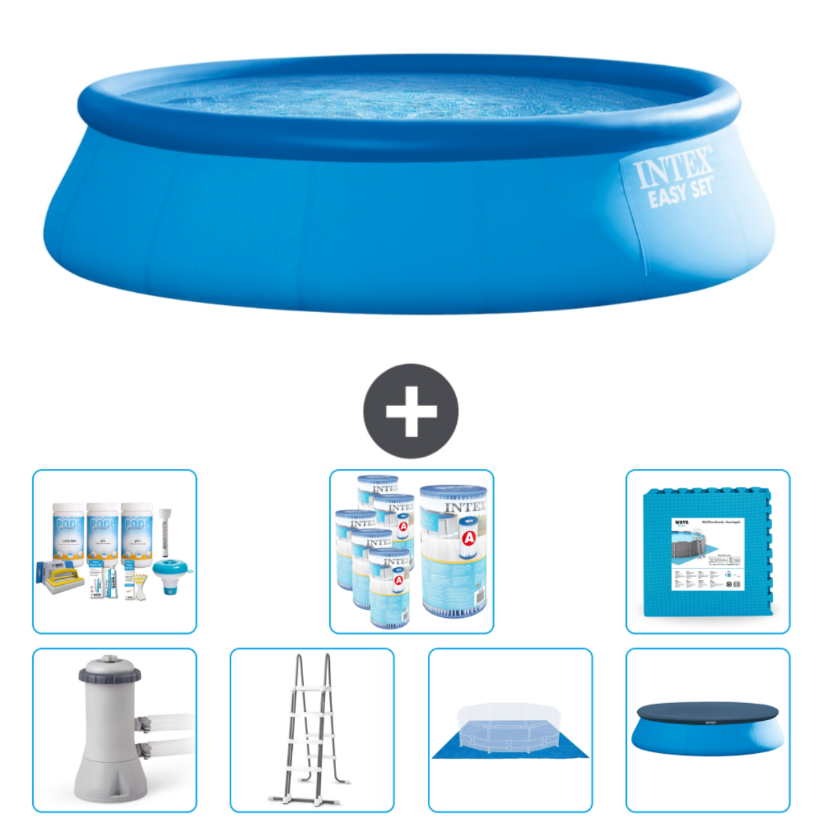 Blauw Intex-zwembad met accessoires. Inclusief chemicaliën, pomp en afdekking.