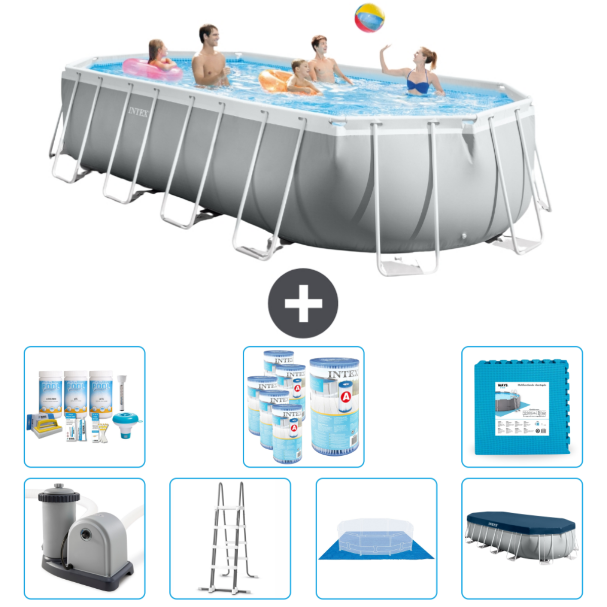 Mensen in een grijs rechthoekig zwembad met accessoires. Inclusief chemicaliën, filter, ladder en mat.