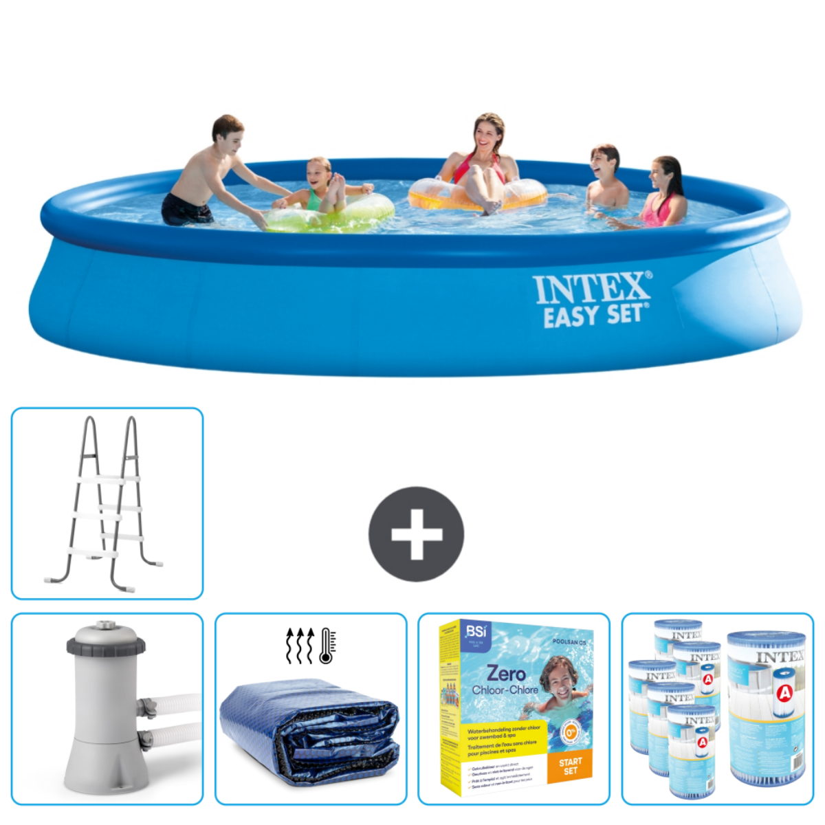 Piscine Intex Easy Set bleue avec cinq personnes. Accessoires : échelle, filtre, bâche et produits chimiques.