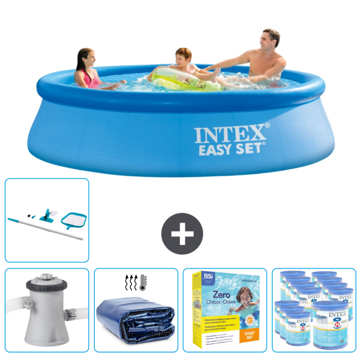 Des personnes dans une piscine bleue Intex Easy Set. Comprend un filtre, une couverture, un kit de nettoyage et un traitement chimique.