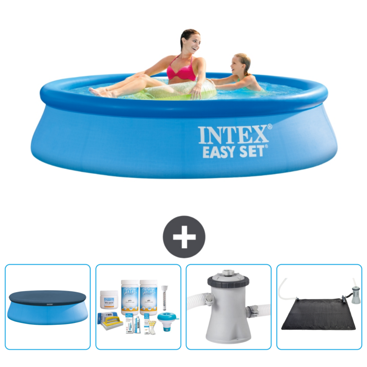 Piscine Intex Easy Set bleue avec personnes. Comprend couverture, filtre, panneau solaire et produits chimiques.