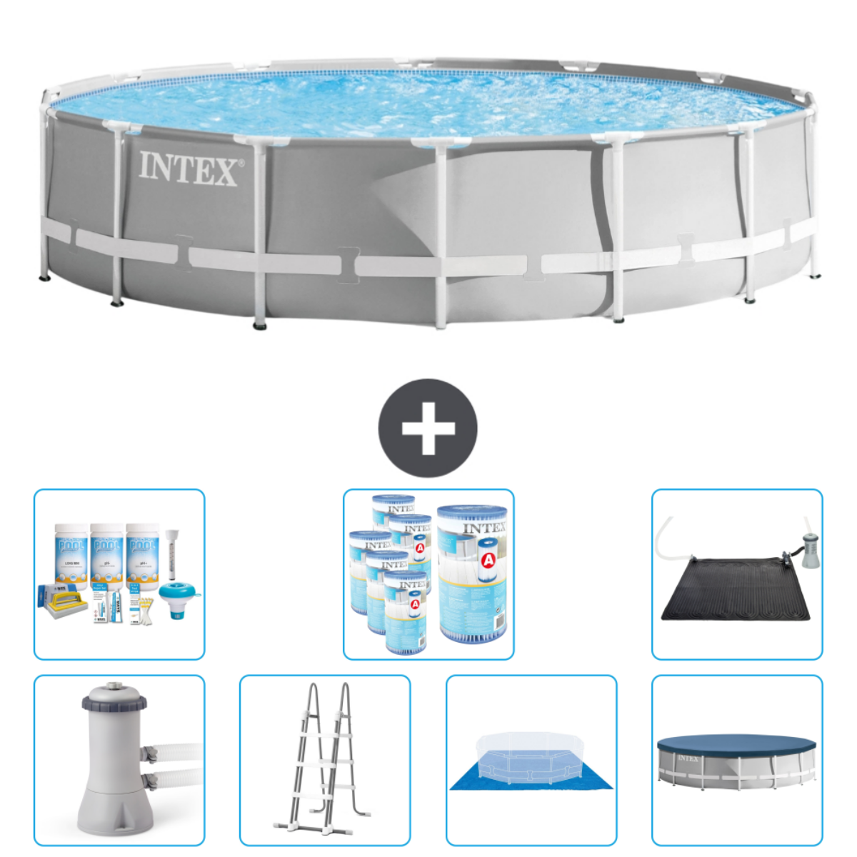Piscine ronde Intex avec accessoires. Comprend piscine, produits chimiques, filtre, échelle et couverture.