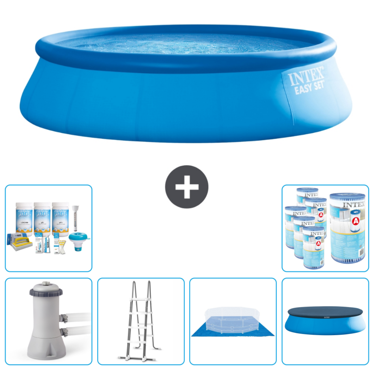 Piscine Intex bleue avec accessoires. Images supplémentaires montrent produits chimiques, tapis et échelle.