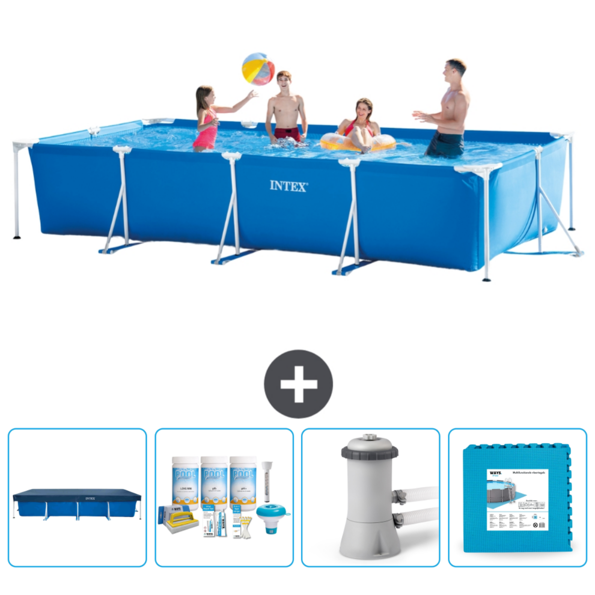 Een blauw rechthoekig Intex zwembad met spelende mensen. Accessoires: afdekzeil, filter en chemicaliën.
