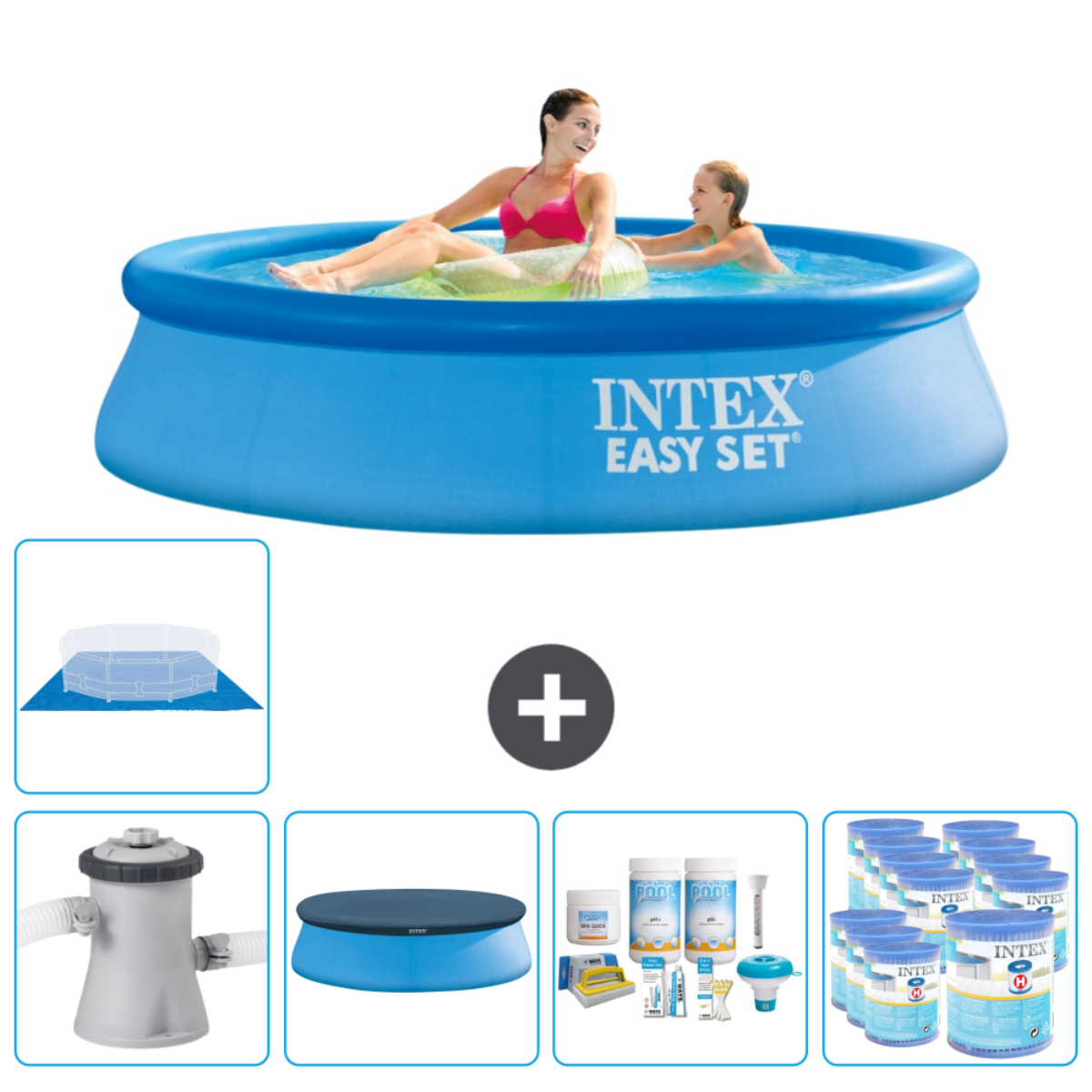 Mensen in een blauw Intex zwembad. Accessoires zijn onder meer een afdekzeil, een pomp, pH-balancers en chloortabletten.