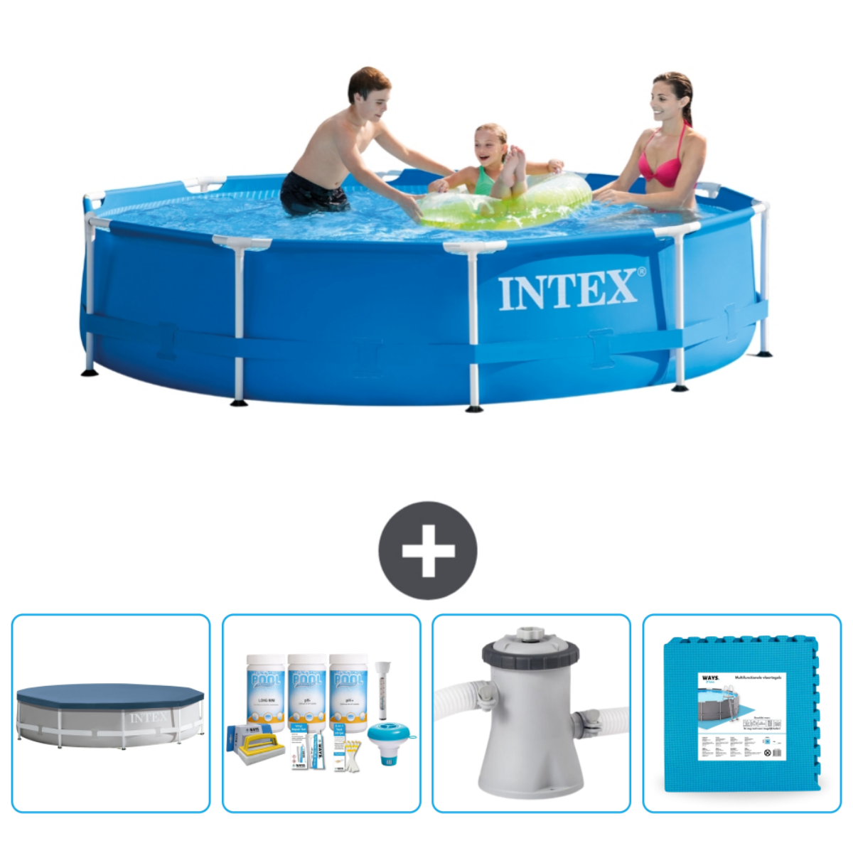 Menschen in einem blauen Pool mit Zubehör. Der Pool sagt INTEX. Vier Zubehörteile werden gezeigt.